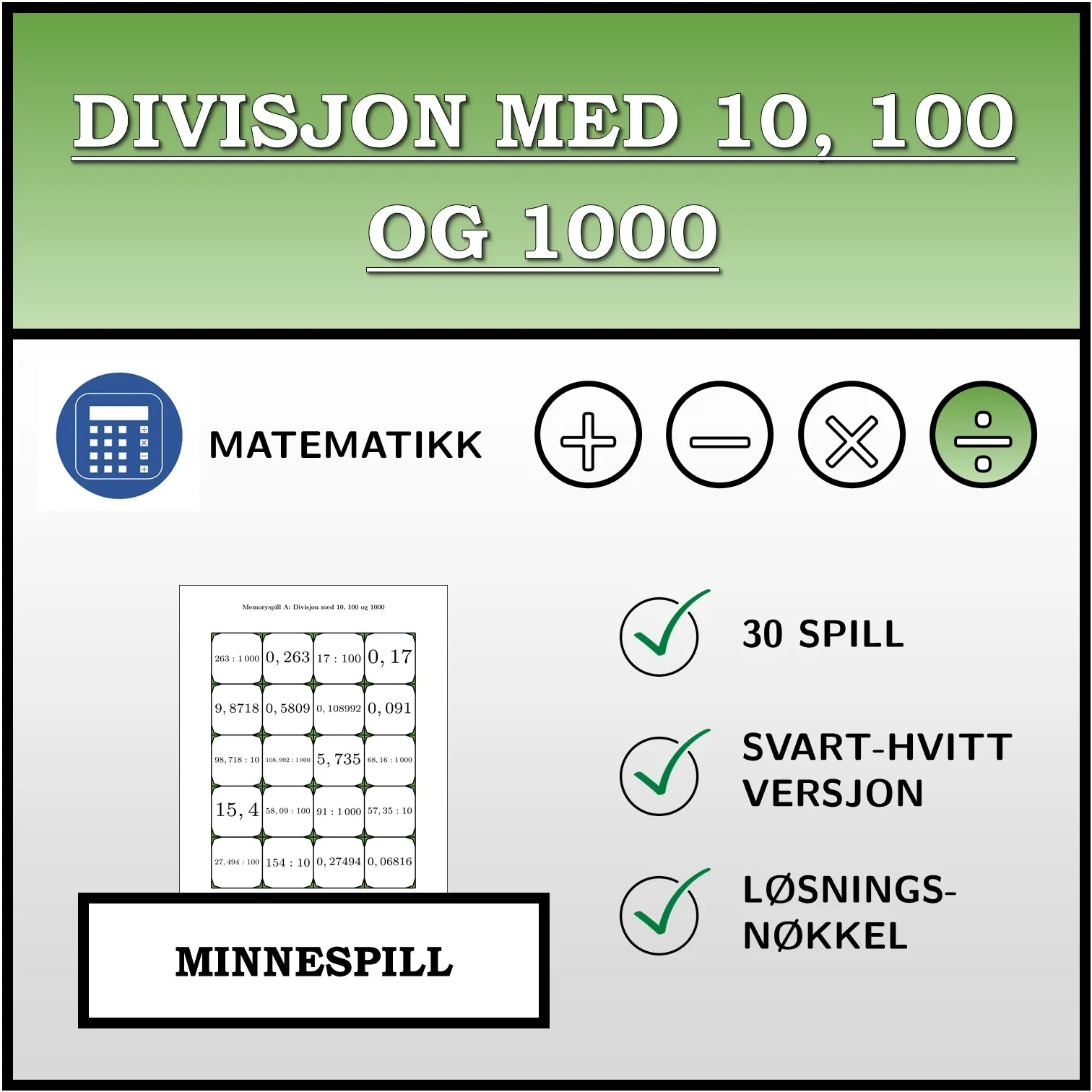 Memoryspill: Divisjon med 10, 100 og 1000