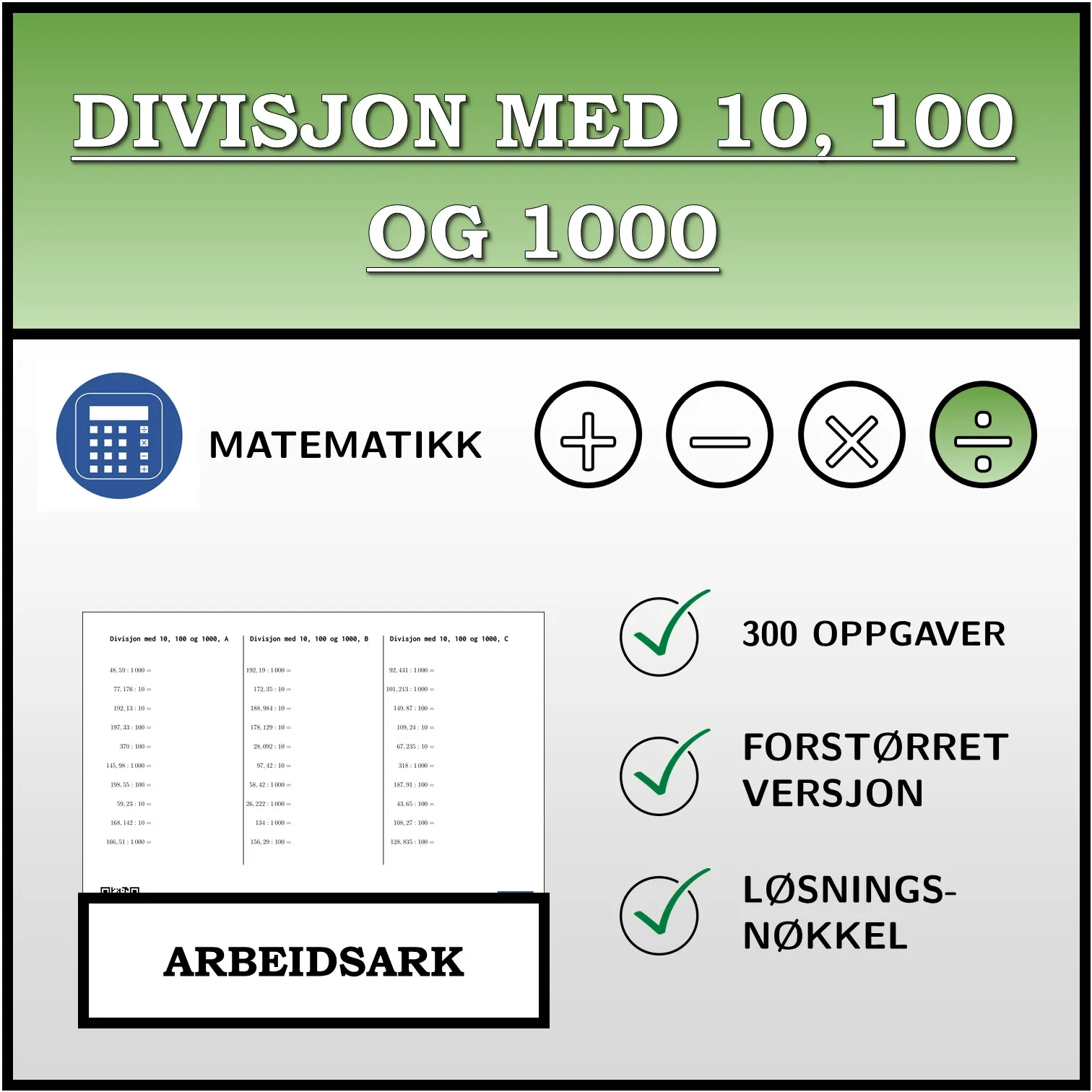 Arbeidsark: Divisjon med 10, 100 og 1000