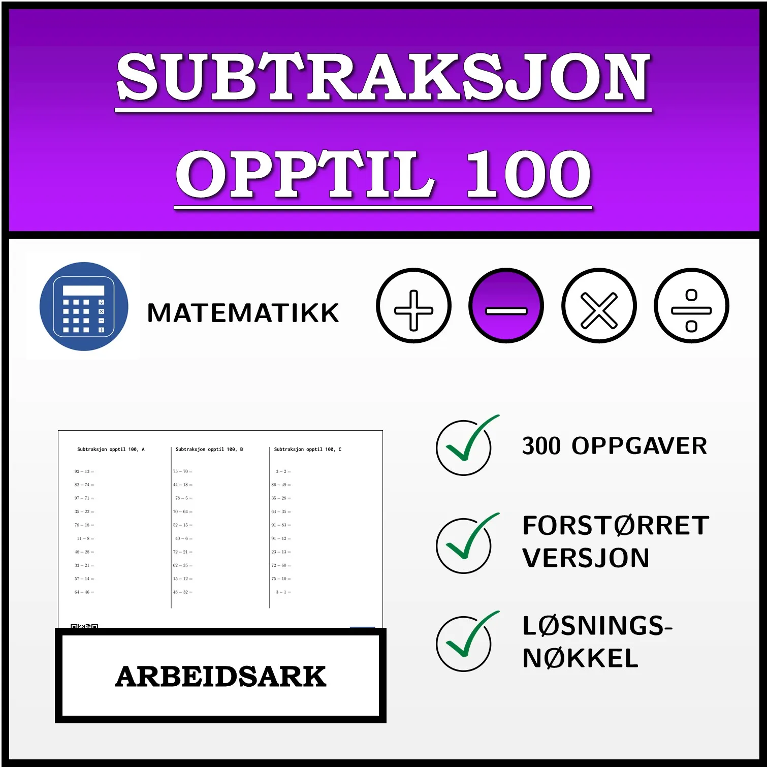 Arbeidsark: Subtraksjon opptil 100