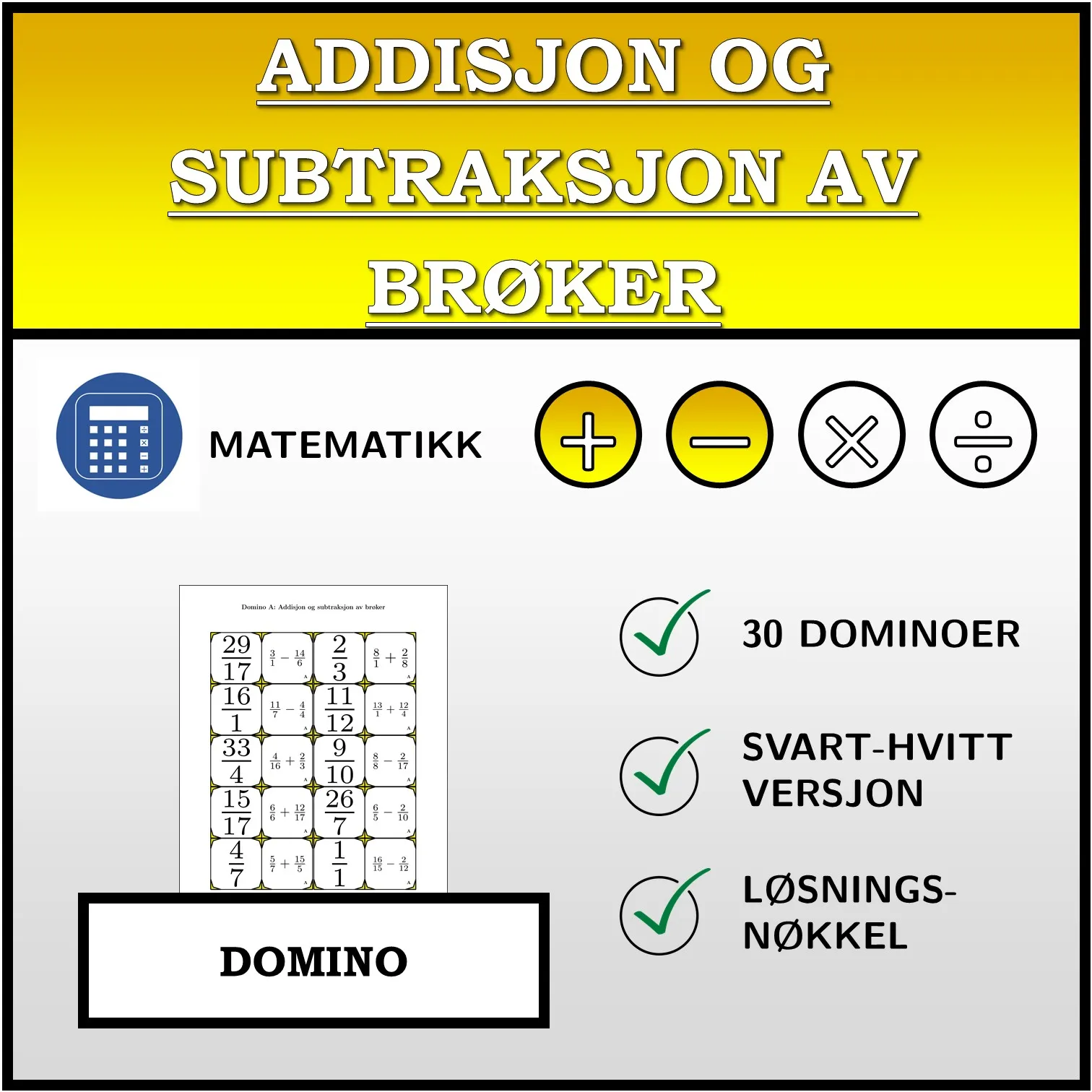 Domino: Addisjon og subtraksjon av brøker