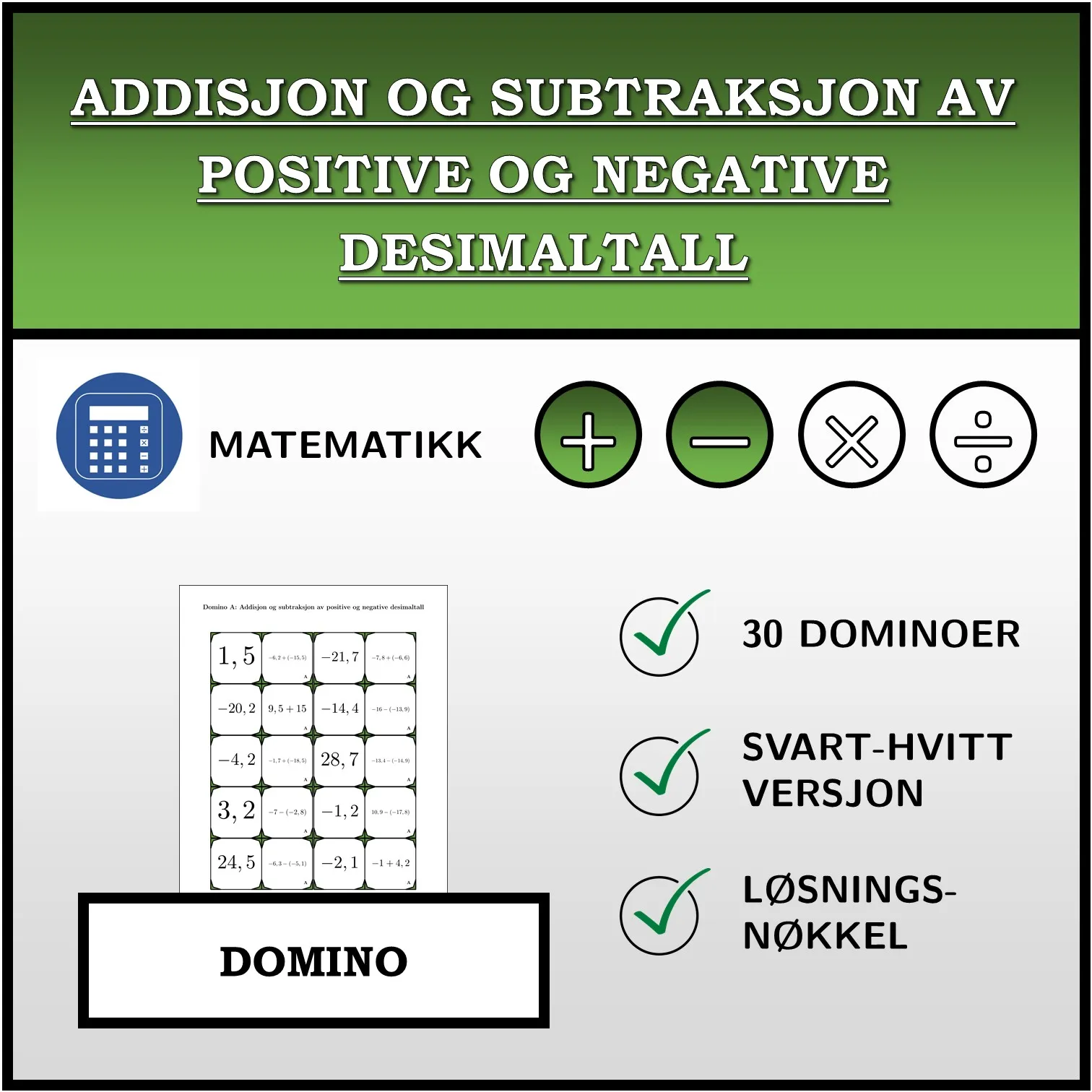Domino: Addisjon og subtraksjon av positive og negative desimaltall