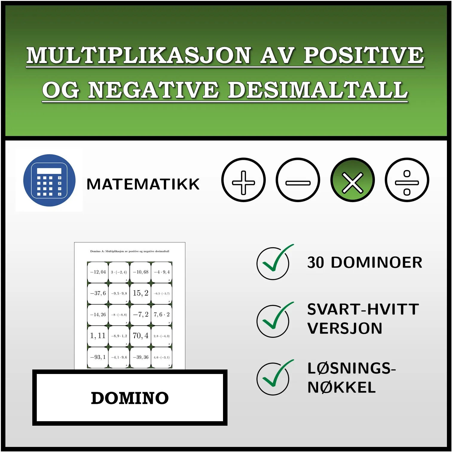 Domino: Multiplikasjon av positive og negative desimaltall