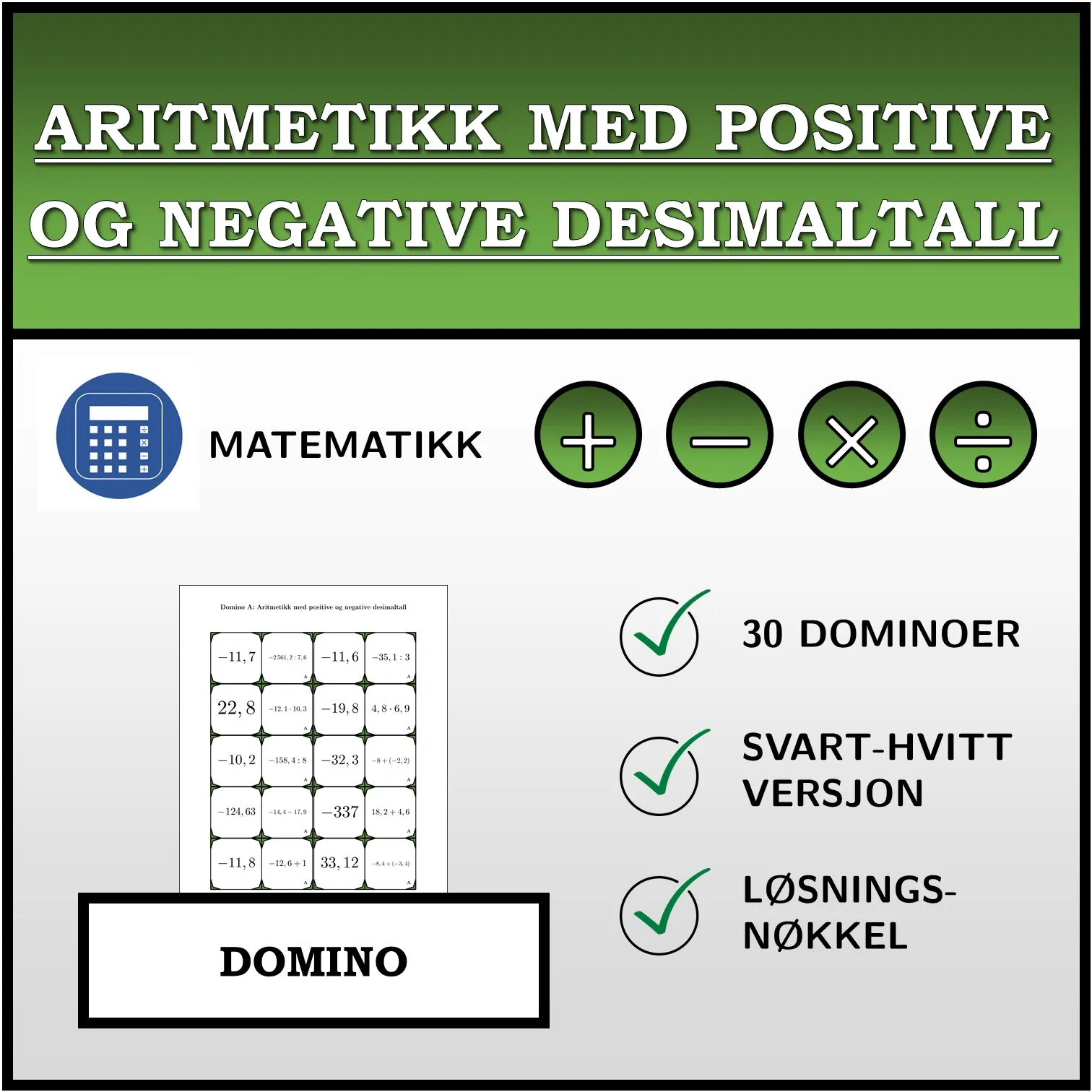 Domino: Aritmetikk med positive og negative desimaltall