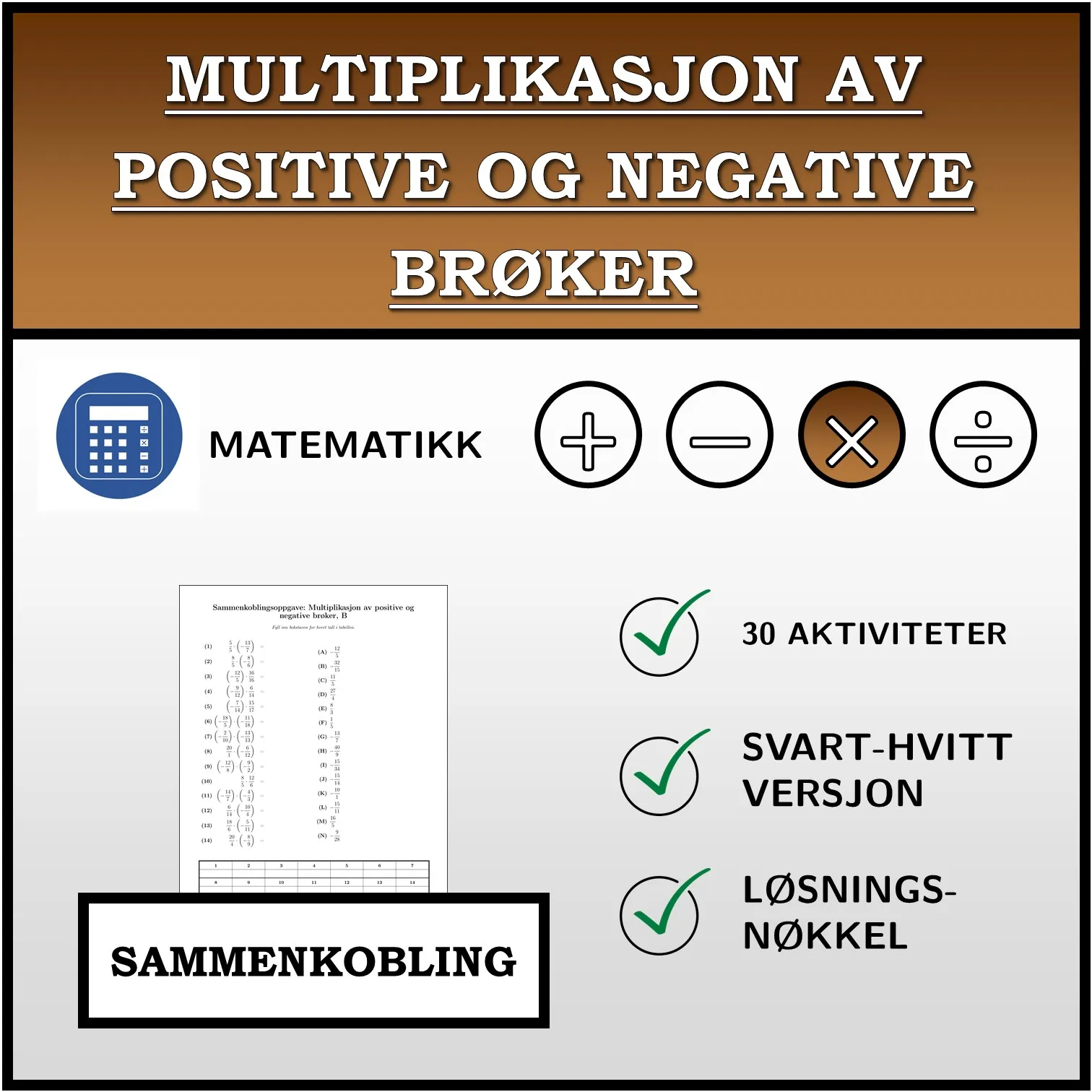 Sammenkoblingsoppgave: Multiplikasjon av positive og negative brøker