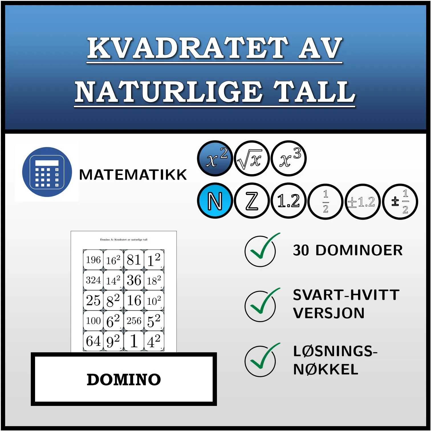 Domino: Kvadratet av naturlige tall