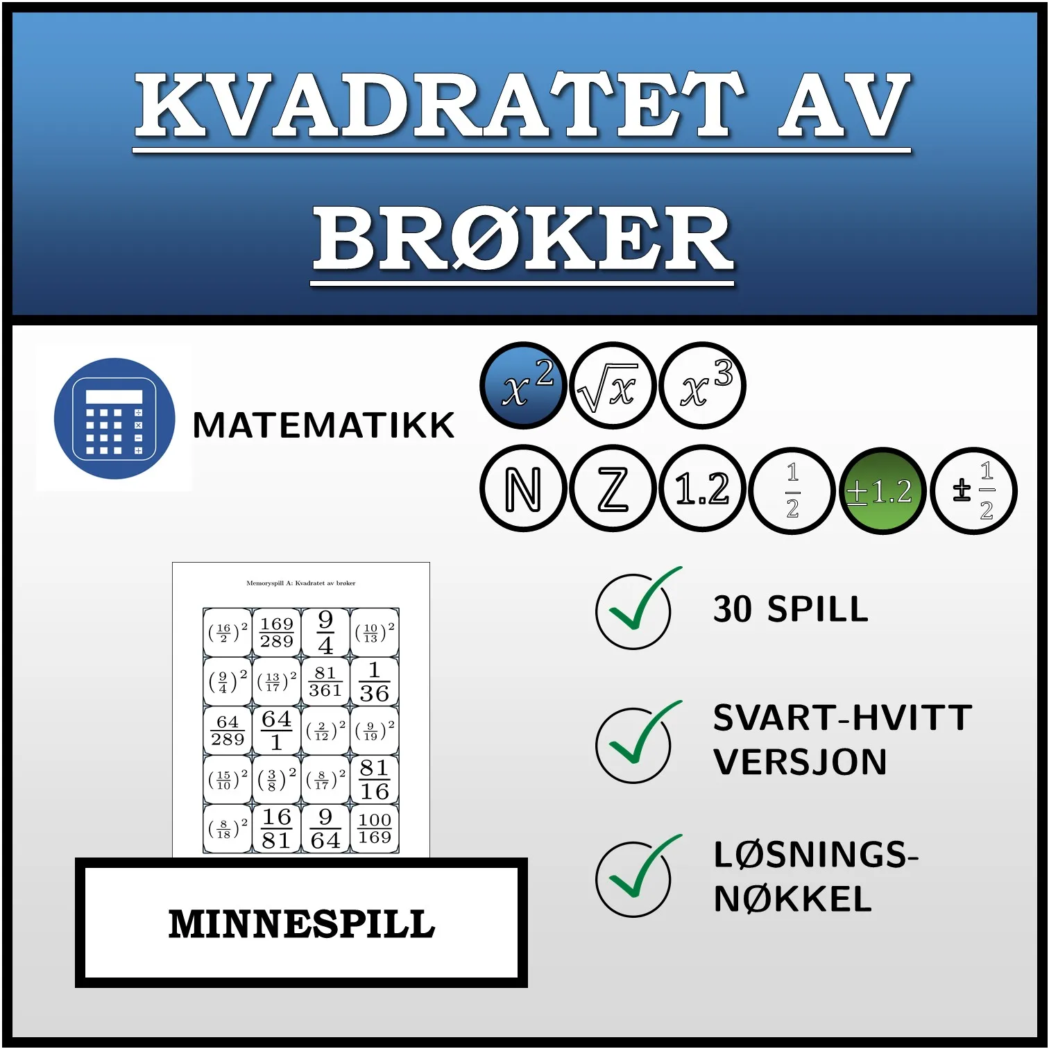Memoryspill: Kvadratet av brøker