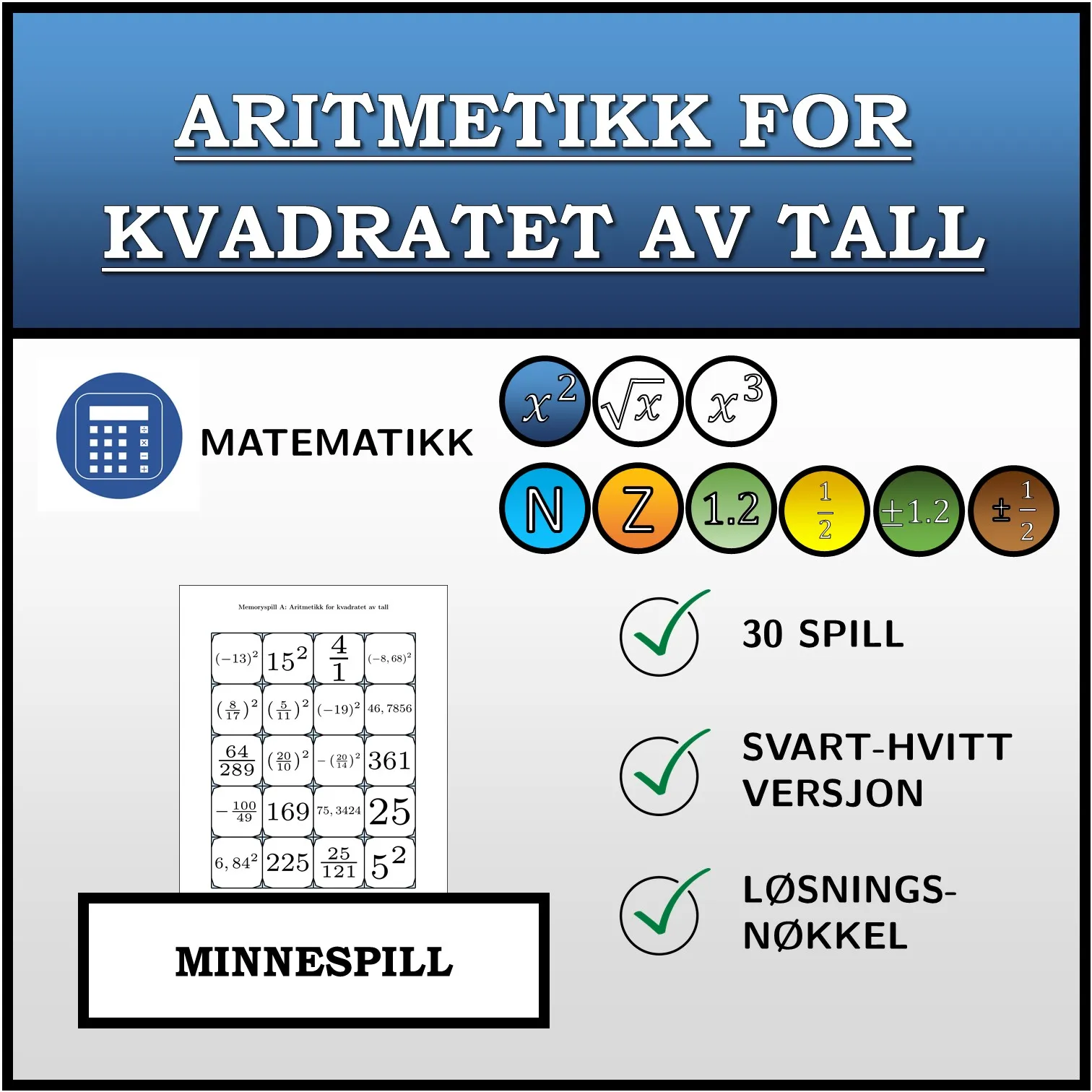 Memoryspill: Aritmetikk for kvadratet av tall