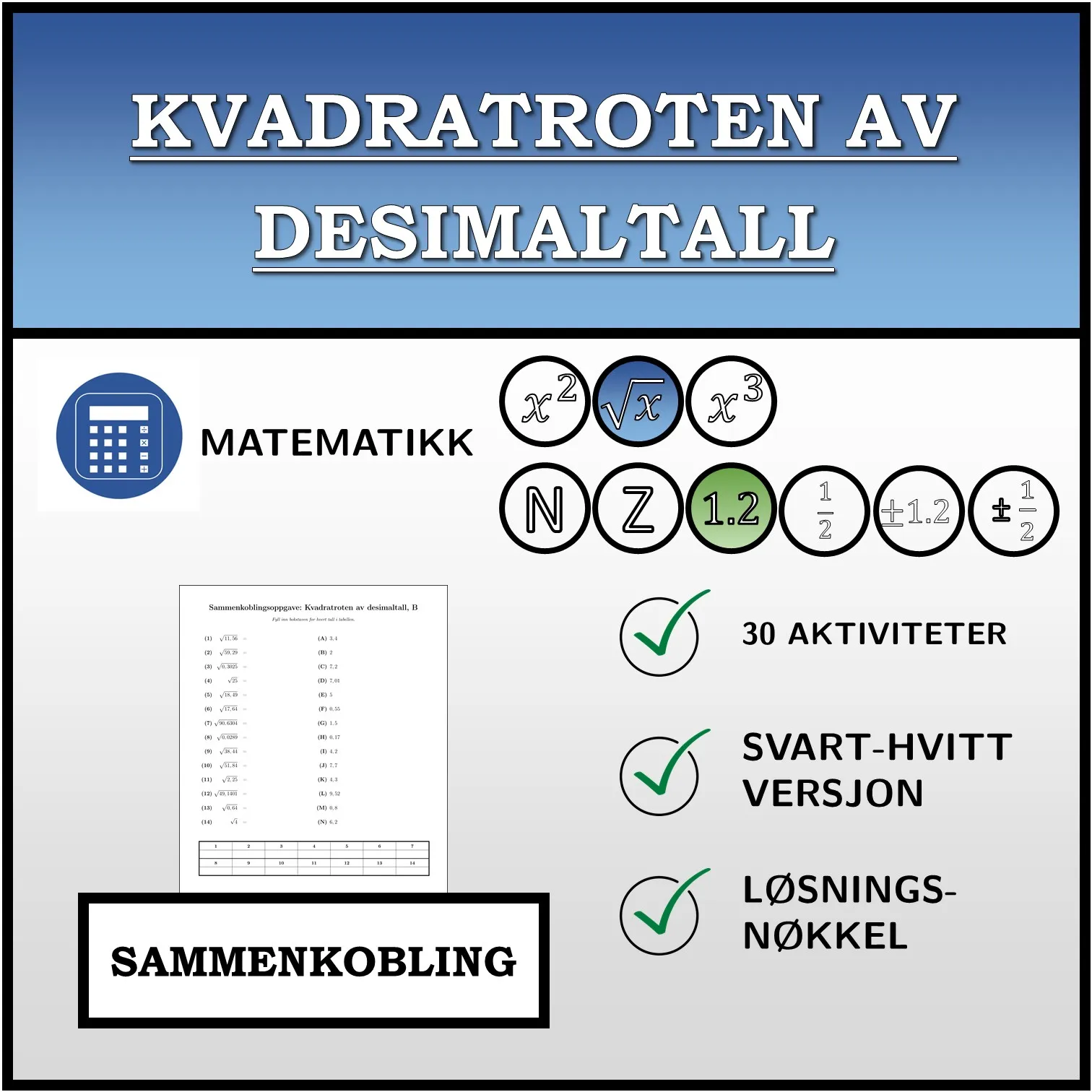 Sammenkoblingsoppgave: Kvadratroten av desimaltall