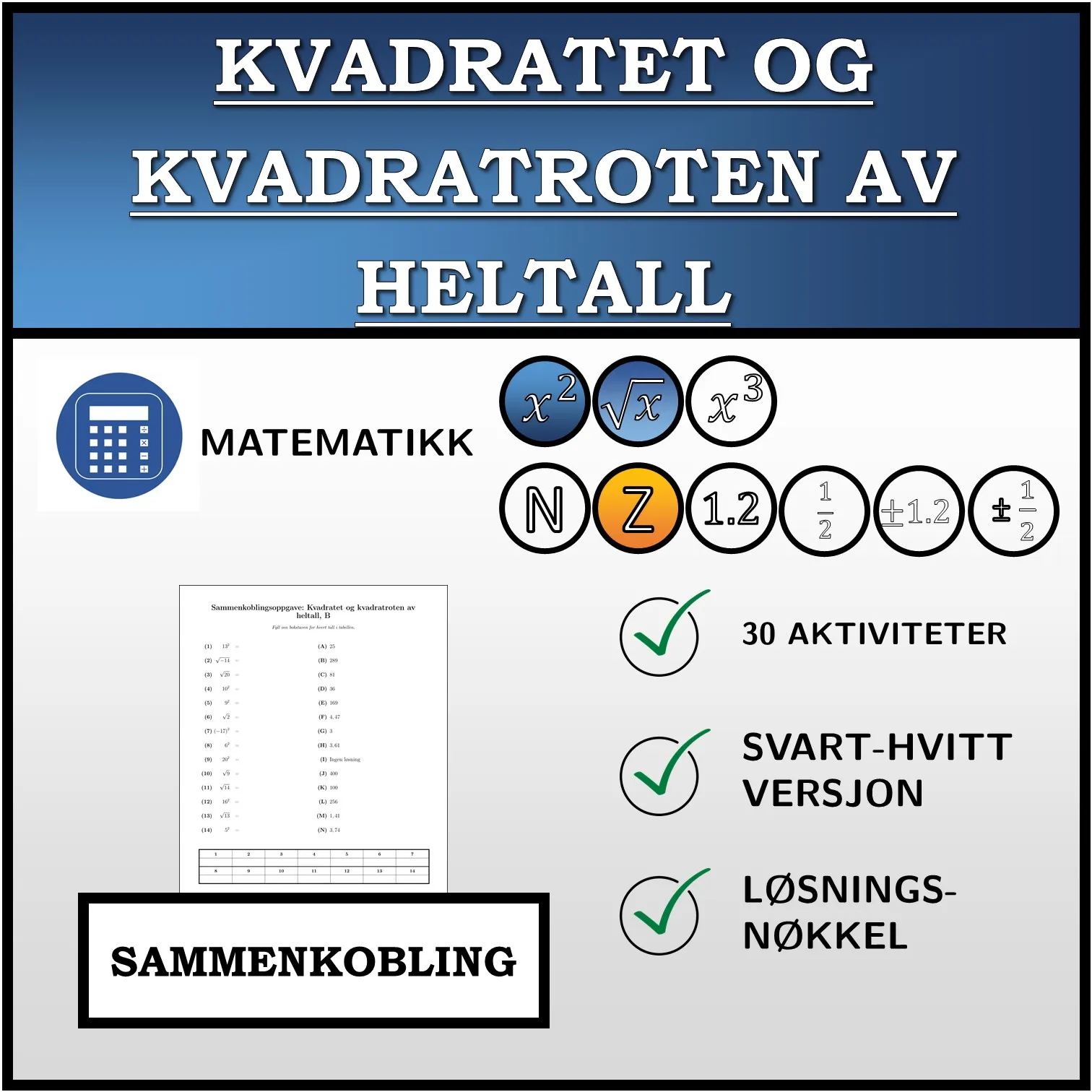 Sammenkoblingsoppgave: Kvadratet og kvadratroten av heltall