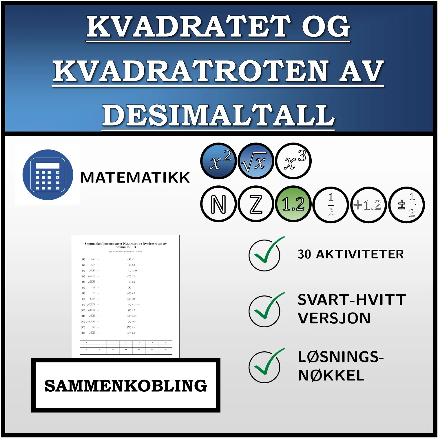 Sammenkoblingsoppgave: Kvadratet og kvadratroten av desimaltall